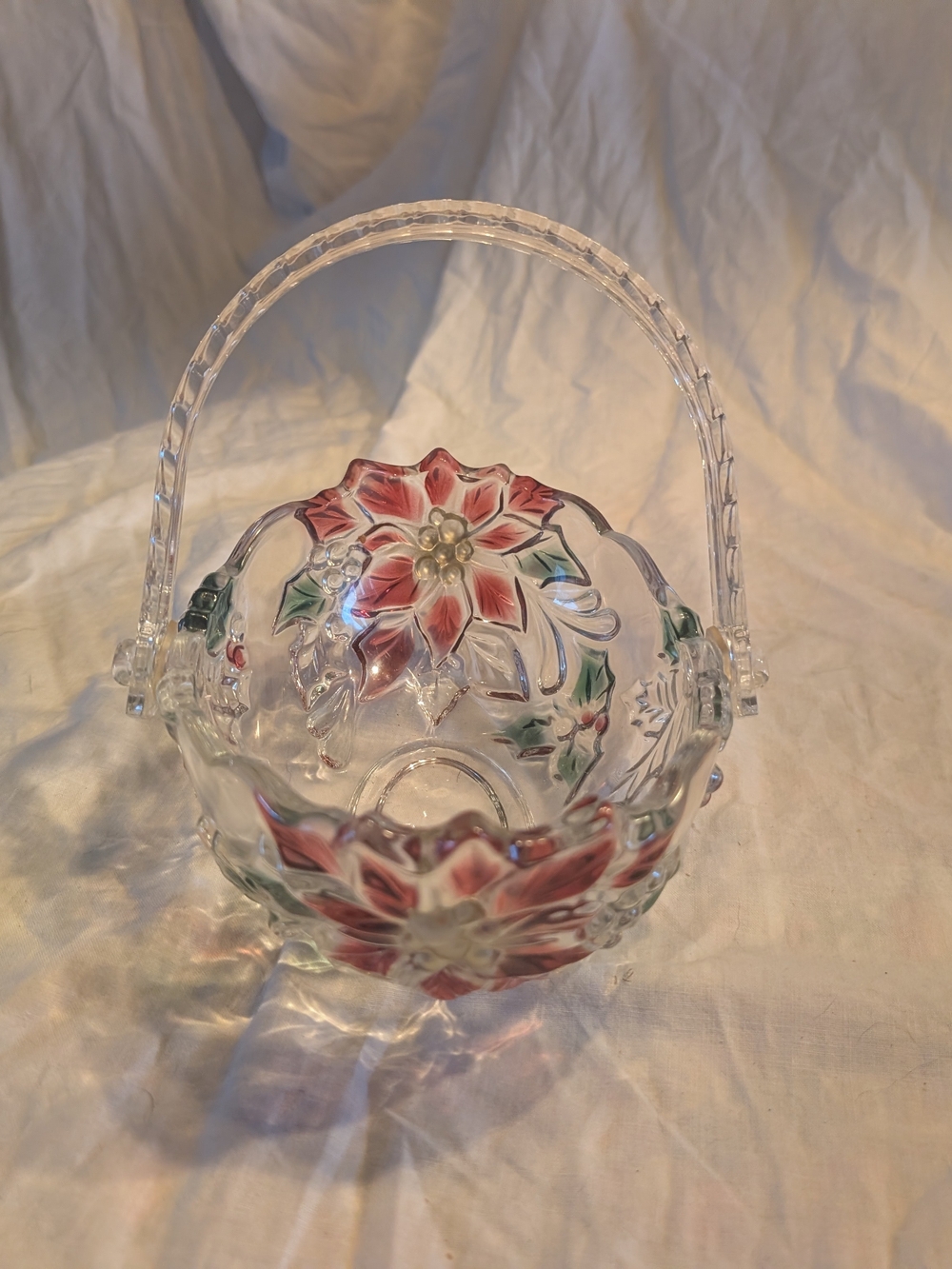 2/60$ Vintage Glass Basket with Red Poinsettia and Green Leaves